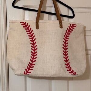 Canvas Baseball Stitch Tote Bag with Leather Handles - White & Red